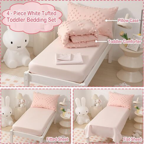 Toddler Bedding Set for Girls 4-Piece Beige Boho Tufted Toddler Comforter Set Tufts Crib Toddler Bed Set Bed-in-a-Bag Toddler Bed Sheet Set with Comforter, Flat Sheet, Fitted Sheet, Pillowcase in Saudi Arabia