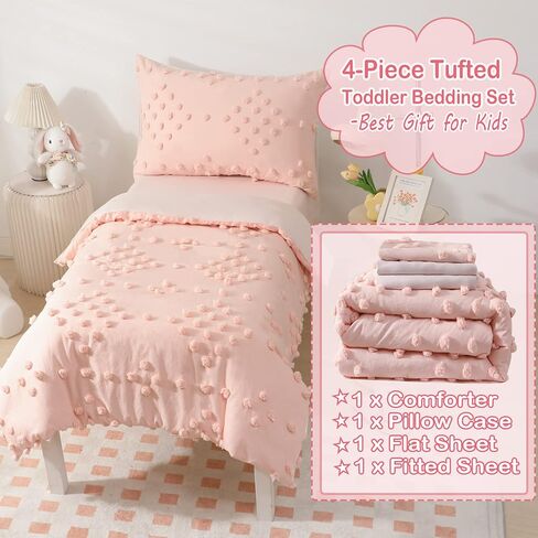 Toddler Bedding Set for Girls 4-Piece Beige Boho Tufted Toddler Comforter Set Tufts Crib Toddler Bed Set Bed-in-a-Bag Toddler Bed Sheet Set with Comforter, Flat Sheet, Fitted Sheet, Pillowcase in Saudi Arabia