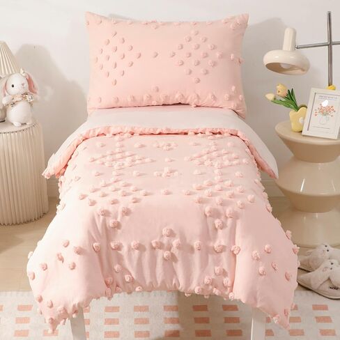 Toddler Bedding Set for Girls 4-Piece Beige Boho Tufted Toddler Comforter Set Tufts Crib Toddler Bed Set Bed-in-a-Bag Toddler Bed Sheet Set with Comforter, Flat Sheet, Fitted Sheet, Pillowcase in Saudi Arabia