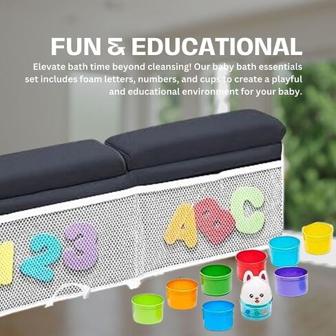 Baby Bath Kneeler and Elbow Rest Pad Set w/Foam Letters Numbers & Cups - Complete Baby Bath Accessories - Painless Kneeling Pad for Bathing Baby - Quick Dry Baby Bath Cushion w/Toy Organizer (Grey) in Kuwait