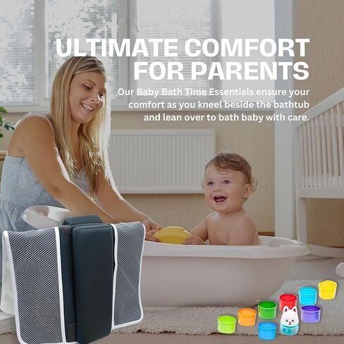 Baby Bath Kneeler and Elbow Rest Pad Set w/Foam Letters Numbers & Cups - Complete Baby Bath Accessories - Painless Kneeling Pad for Bathing Baby - Quick Dry Baby Bath Cushion w/Toy Organizer (Grey) in Kuwait
