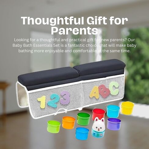 Baby Bath Kneeler and Elbow Rest Pad Set w/Foam Letters Numbers & Cups - Complete Baby Bath Accessories - Painless Kneeling Pad for Bathing Baby - Quick Dry Baby Bath Cushion w/Toy Organizer (Grey) in Kuwait