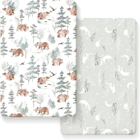 Pack n Play Sheets Fitted 2 Pack، حزمة من نسيج الجيرسي فائق النعومة وقابلة للتمدد وملاءات اللعب، مرتبة عالمية محمولة/صغيرة لسرير الأطفال مريحة وآمنة، طباعة زهور وردية خدود جميلة وحيوانات لطيفة in Kuwait