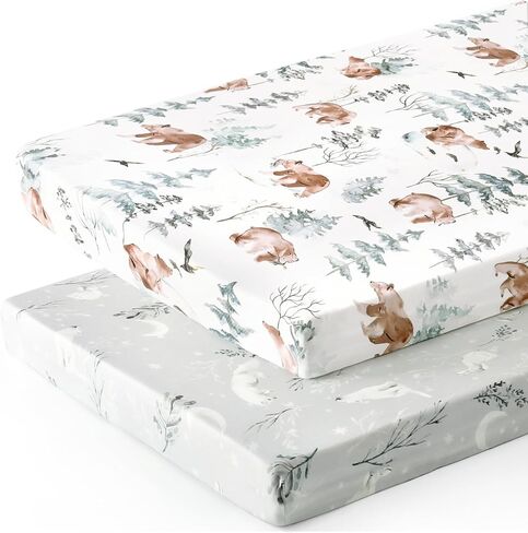 Pack n Play Sheets Fitted 2 Pack، حزمة من نسيج الجيرسي فائق النعومة وقابلة للتمدد وملاءات اللعب، مرتبة عالمية محمولة/صغيرة لسرير الأطفال مريحة وآمنة، طباعة زهور وردية خدود جميلة وحيوانات لطيفة in Kuwait