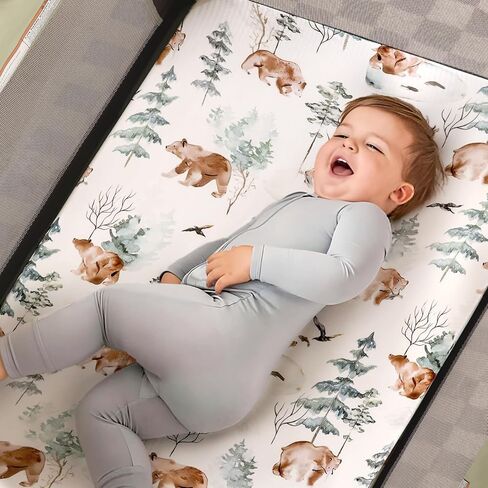 Pack n Play Sheets Fitted 2 Pack، حزمة من نسيج الجيرسي فائق النعومة وقابلة للتمدد وملاءات اللعب، مرتبة عالمية محمولة/صغيرة لسرير الأطفال مريحة وآمنة، طباعة زهور وردية خدود جميلة وحيوانات لطيفة in Kuwait