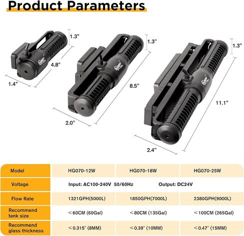 hygger 1850 GPH 18W Aquarium Wave Maker، مضخة تدفق متقاطعة قابلة للتعديل مع وحدة تحكم بشاشة LED، رأس طاقة مغناطيسي لحوض السمك تيار مستمر 24 فولت لأحواض المياه العذبة والشعاب البحرية تصل إلى 135 جالونًا in Kuwait