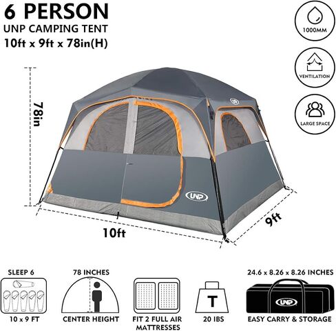 UNP 6 Person Tents for Camping Waterproof Family Cabin Tent with Rainfly | Easy Setup Windproof Double Layer Camping Tent with 1 Mesh Door & 5 Large Mesh Windows 10'X9'X78in(H) in Kuwait