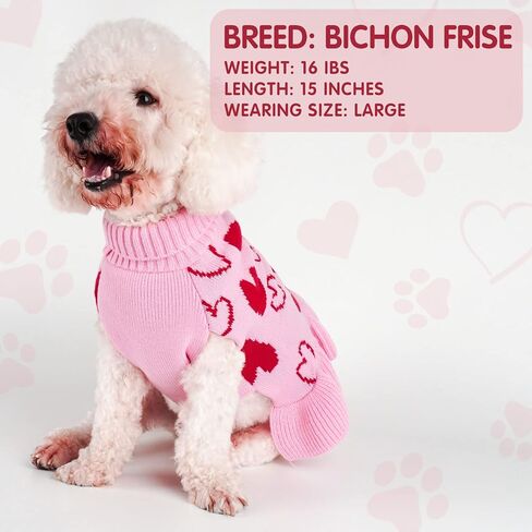 cyeollo Small Dog Valentines Sweater Heart Pattern Dog Clothes with Leash Hole Pullover Turtleneck Holiday Pet Apparel Pink in Kuwait