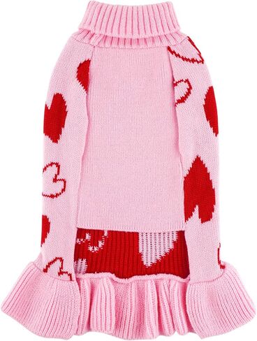 cyeollo Small Dog Valentines Sweater Heart Pattern Dog Clothes with Leash Hole Pullover Turtleneck Holiday Pet Apparel Pink in Kuwait