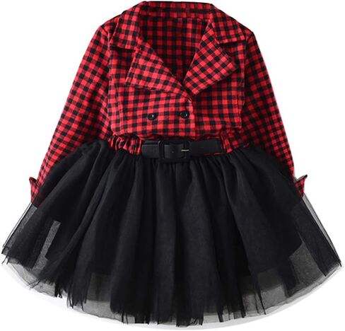 طفل أطفال طفل الفتيات ملابس عيد الميلاد الأحمر منقوشة فستان طويل الأكمام تول توتو فستان حفلة للأميرات ملابس الشتاء in Kuwait