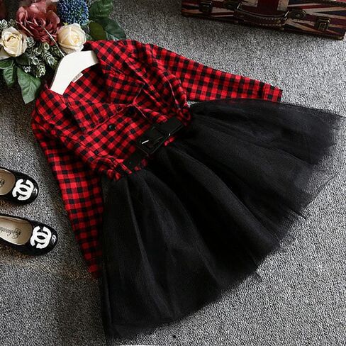 طفل أطفال طفل الفتيات ملابس عيد الميلاد الأحمر منقوشة فستان طويل الأكمام تول توتو فستان حفلة للأميرات ملابس الشتاء in Kuwait