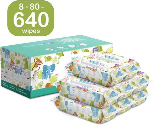 Baby Wet Wipes Unscented - Extra Large Size, Durable, 99% Water-Based & Gentle on Sensitive Skin for Face & Body,640 Count (8 Packs of 80） in Saudi Arabia
