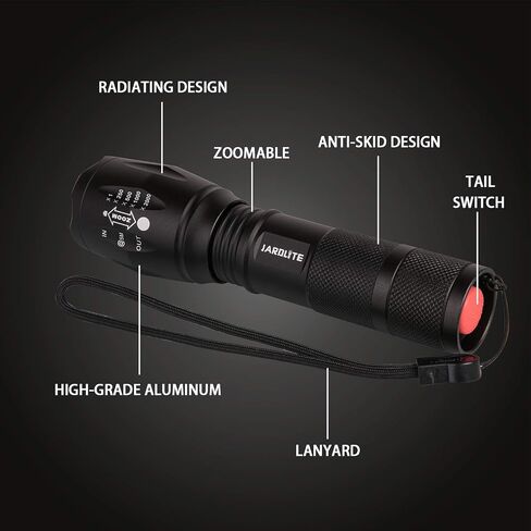 JARDLITE مصباح يدوي للطوارئ LED، 4 عبوات، تركيز قابل للتعديل، مقاوم للماء مع 5 أوضاع، أفضل شعلة تكتيكية للإعصار، والتخييم، ومشي الكلاب in Kuwait