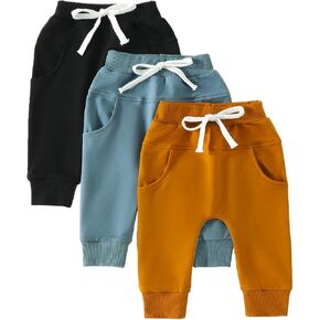 Amiblvowa 3 Pack Toddler Baby Boy Girl Fall Pants Solid Color Pull On Jogger Pants Sweatpants Infant Fall Winter Clothes