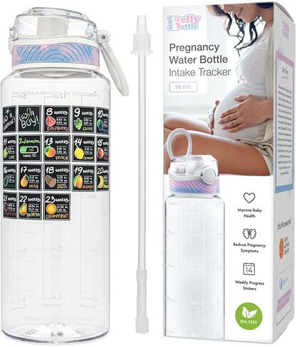 متتبع زجاجة مياه الحمل من BellyBottle - الحمل يجب أن يكون - هدايا الحمل للأم الحامل - أساسيات الحمل لتخفيف الغثيان - ملصقات أسبوعية + قش + خالية من مادة BPA - أزرق in Saudi Arabia