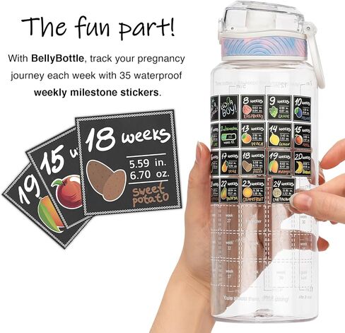 متتبع زجاجة مياه الحمل من BellyBottle - الحمل يجب أن يكون - هدايا الحمل للأم الحامل - أساسيات الحمل لتخفيف الغثيان - ملصقات أسبوعية + قش + خالية من مادة BPA - أزرق in Saudi Arabia