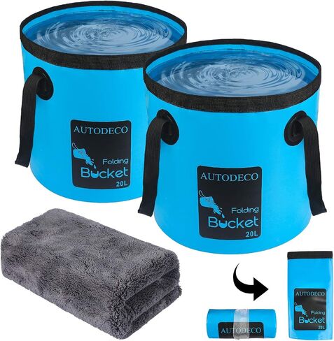 AUTODECO 2 حزمة دلو قابل للطي حاوية 5 جالون دلو ماء قابل للطي حوض غسيل محمول للسفر في الهواء الطلق والتخييم والصيد والبستنة وغسيل السيارات باللون الأزرق 20 لتر in Saudi Arabia
