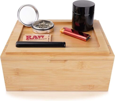 صندوق تخزين كبير من الخيزران الطبيعي المزخرف صندوق تذكاري خشبي - 10 بوصة × 8 بوصة × 4 بوصة مع غطاء مغناطيسي للتخزين المنزلي (الإصدار القياسي) in Kuwait