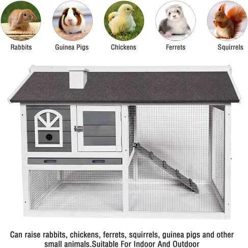 BIRASIL Wood Rabbit Hutch with Run, Bunny Cage for Small Animals, Outdoor Chicken Coop House for Garden Backyard Indoor (Grey, 48 Inch) in Kuwait