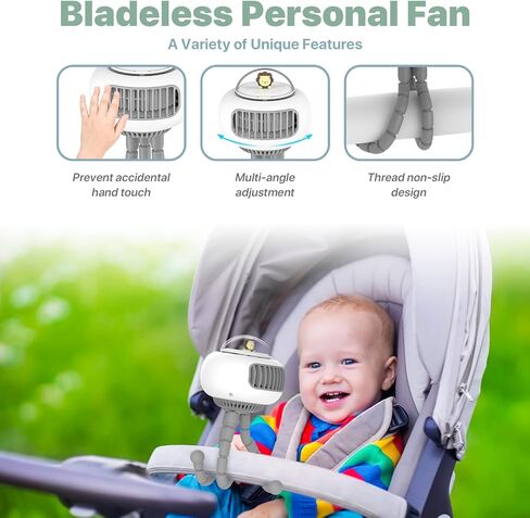 SWTOIPIG Stroller Fan, Portable Bladeless Fan Mini Handheld Fans, 4-Speed Options USB Rechargeable Battery Operated Fan, Suitable for Stroller, Desk, Handheld, Suspended in Kuwait