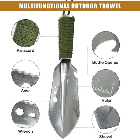 Portable Trowel Backpacking Camping Hiking Shovel Ultralight Multitool Carbon Steel Garden Trowels Hand Camp Tool for Gardening, Outdoor Gear, Survival with Paracord and Storage Bag in Kuwait