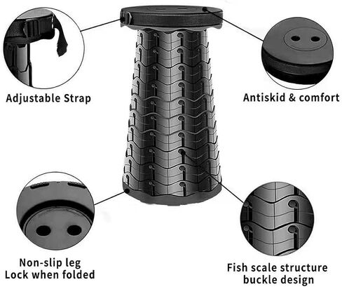 مقعد تلسكوبي محمول قابل للطي، مقعد للتخييم، مقعد قوي بسعة تحميل 400 رطل، مقعد قابل للطي، مقعد قابل للسحب للتخييم في الهواء الطلق، صيد السمك، المشي لمسافات طويلة، السفر، البستنة (أسود) in Kuwait