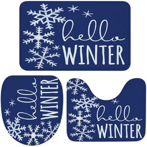 Easternproject 3 Piece Hello Winter Bath Mat Set Christmas Snowflake Red and White Bathroom Rug Sets for Winter Decorations Non Slip Water Absorbent U-Shaped Contour Toilet Mat, Toilet Lid Cover