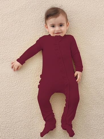 GUISBY Baby Ruffle Footed Sleeper, Rayon of Bamboo, Assorted, NB-24M | Rayon of bamboo softness, ruffle footed sleeper, 2-way zipper, fold-over mittens, sleep & coming-home outfit in Saudi Arabia