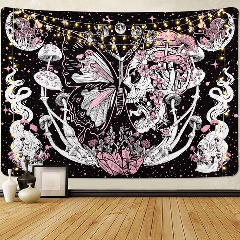 Lyacmy Skull Hippie Mushroom Tapestries Aesthetic Moth Moon and Stars Snake Wall Hanging For Room(51.2 x 59.1 inches) in Kuwait