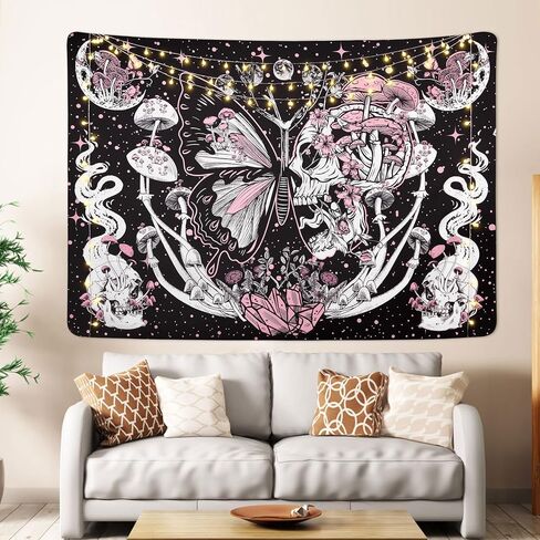 Lyacmy Skull Hippie Mushroom Tapestries Aesthetic Moth Moon and Stars Snake Wall Hanging For Room(51.2 x 59.1 inches) in Kuwait