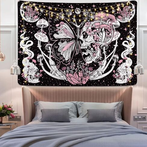 Lyacmy Skull Hippie Mushroom Tapestries Aesthetic Moth Moon and Stars Snake Wall Hanging For Room(51.2 x 59.1 inches) in Kuwait