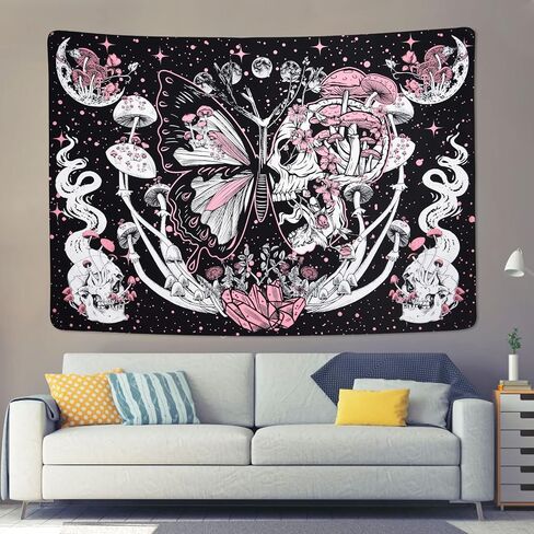 Lyacmy Skull Hippie Mushroom Tapestries Aesthetic Moth Moon and Stars Snake Wall Hanging For Room(51.2 x 59.1 inches) in Kuwait
