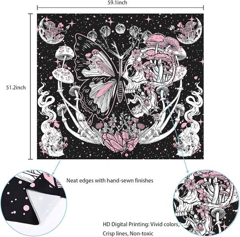 Lyacmy Skull Hippie Mushroom Tapestries Aesthetic Moth Moon and Stars Snake Wall Hanging For Room(51.2 x 59.1 inches) in Kuwait