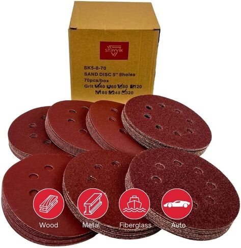 STRYVIK 5 in. 8 Hole Hook and Loop Sanding Discs, Multi-Surface, 40/60/80/120/180/240/320 Grit, 10 pcs/Grit (70-Pack) in Saudi Arabia