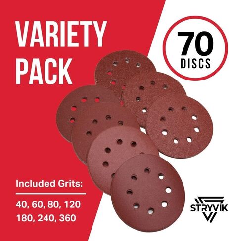 STRYVIK 5 in. 8 Hole Hook and Loop Sanding Discs, Multi-Surface, 40/60/80/120/180/240/320 Grit, 10 pcs/Grit (70-Pack) in Saudi Arabia
