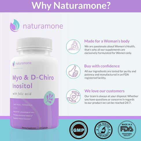 Naturamone Myo-Inositol & D-Chiro Inositol Blend with 100% of Daily Folate - 40:1 Physiological Ratio - Polycystic Ovary Syndrome (PCOS), Hormonal Balance and Ovarian Support 120 Capsules in Kuwait