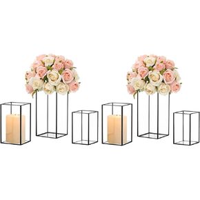 Glass Hurricane Candle Holder Large - Hewory 3pcs Gold Rectangle Flower Holders Centerpiece for Table, Tall Floor Square Pillar Candle Lantern for Wedding, Anniversary, Party, Fireplace, Dining Room