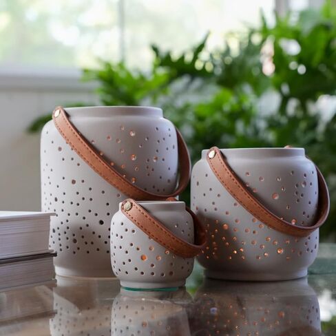 Modern Tealight Candle Holder Set of 3- Matte Gray, Pierced Porcelain Lanterns, Table Decor, Dried Flower Vase, Home Decor, Shelf Decor, Luminary, Decorative Lanterns, Votive, Hurricane, Modern Clay in Kuwait