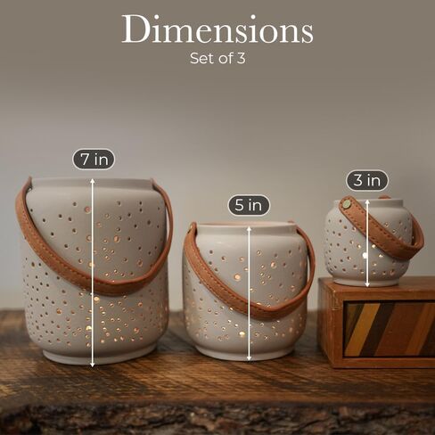 Modern Tealight Candle Holder Set of 3- Matte Gray, Pierced Porcelain Lanterns, Table Decor, Dried Flower Vase, Home Decor, Shelf Decor, Luminary, Decorative Lanterns, Votive, Hurricane, Modern Clay in Kuwait