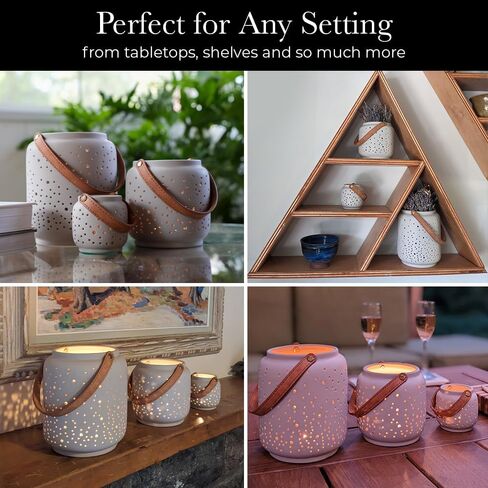 Modern Tealight Candle Holder Set of 3- Matte Gray, Pierced Porcelain Lanterns, Table Decor, Dried Flower Vase, Home Decor, Shelf Decor, Luminary, Decorative Lanterns, Votive, Hurricane, Modern Clay in Kuwait