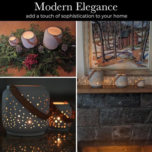 Modern Tealight Candle Holder Set of 3- Matte Gray, Pierced Porcelain Lanterns, Table Decor, Dried Flower Vase, Home Decor, Shelf Decor, Luminary, Decorative Lanterns, Votive, Hurricane, Modern Clay in Kuwait