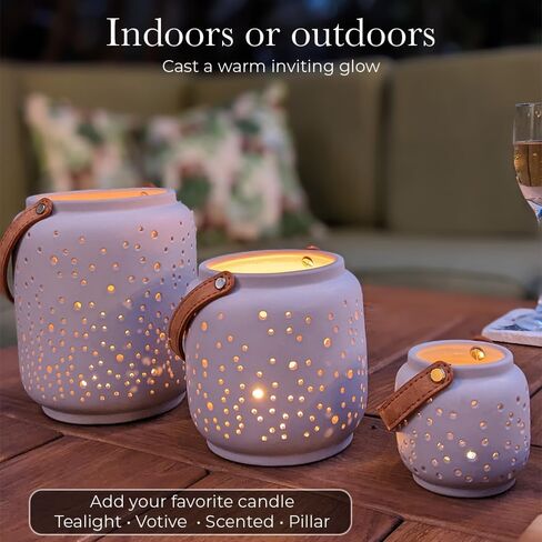 Modern Tealight Candle Holder Set of 3- Matte Gray, Pierced Porcelain Lanterns, Table Decor, Dried Flower Vase, Home Decor, Shelf Decor, Luminary, Decorative Lanterns, Votive, Hurricane, Modern Clay in Kuwait