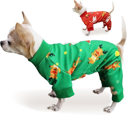 Christmas Dog Pajamas for Small Medium Dogs Girl Boy, Dog Onesie Cold Weather Outfit, Snowflake Reindeer Pattern, Pet Cat Holiday Pajamas Fleece Inside, Green. in Saudi Arabia