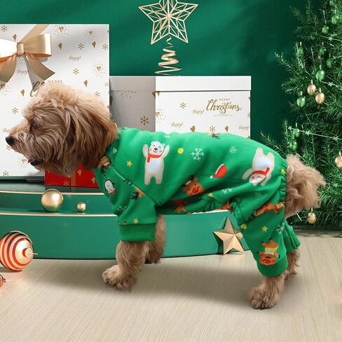 Christmas Dog Pajamas for Small Medium Dogs Girl Boy, Dog Onesie Cold Weather Outfit, Snowflake Reindeer Pattern, Pet Cat Holiday Pajamas Fleece Inside, Green. in Saudi Arabia