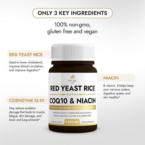 NATIVE OASIS (2-Pack) Red Yeast Rice 1,200 mg. Capsules | 240 Count | Made with CoQ10 and Flush Free Niacin | Heart Health Formula | Non-GMO, Citrinine Free, Gluten Free in Saudi Arabia