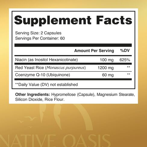 NATIVE OASIS (2-Pack) Red Yeast Rice 1,200 mg. Capsules | 240 Count | Made with CoQ10 and Flush Free Niacin | Heart Health Formula | Non-GMO, Citrinine Free, Gluten Free in Saudi Arabia