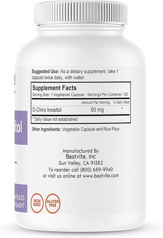 BESTVITE D-Chiro Inositol (120 Vegetarian Capsules) - No Stearates - Vegan - Non GMO - Gluten Free - 1 Capsule for 40:1 Inositol Ratio in Saudi Arabia