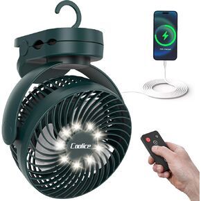 Coolice 65-Hour Rechargeable Fan with LED Light, Remote Control, and Hanging Hook, Blue