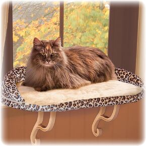 K&H Cat Window Perch, Deluxe Bolster Kitty Sill, 24x14in, Tan/Kitty Print | Cat Window Hammock Bed, Orthopedic Window Bed Holds 40 lbs, Washable Cover, Indoor Windowsill Furniture in Saudi Arabia