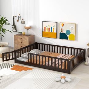 Dolonm Twin Size Montessori Bed, Toddler Floor Bed for Kids, Floor Platform Bed with Fence Guardrails and Door, Montessori Floor Bed Frame, Wooden Floor Bed Toddler, Espresso in Kuwait